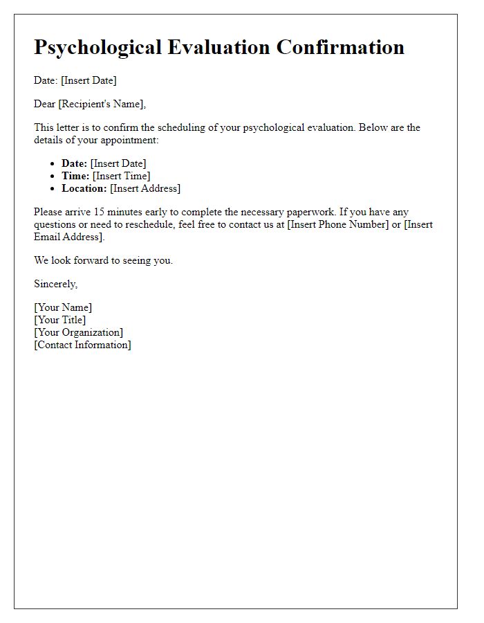 Letter template of psychological evaluation confirmation