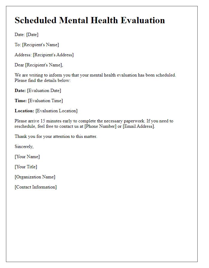 Letter template of scheduled mental health evaluation