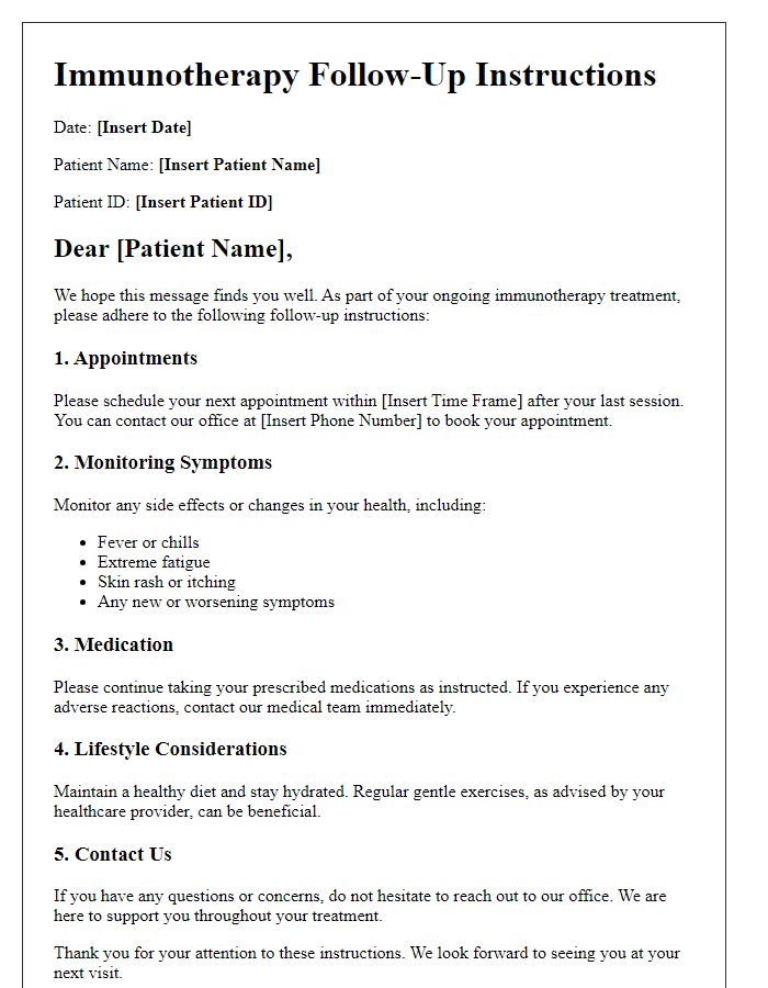 Letter template of immunotherapy follow-up instructions