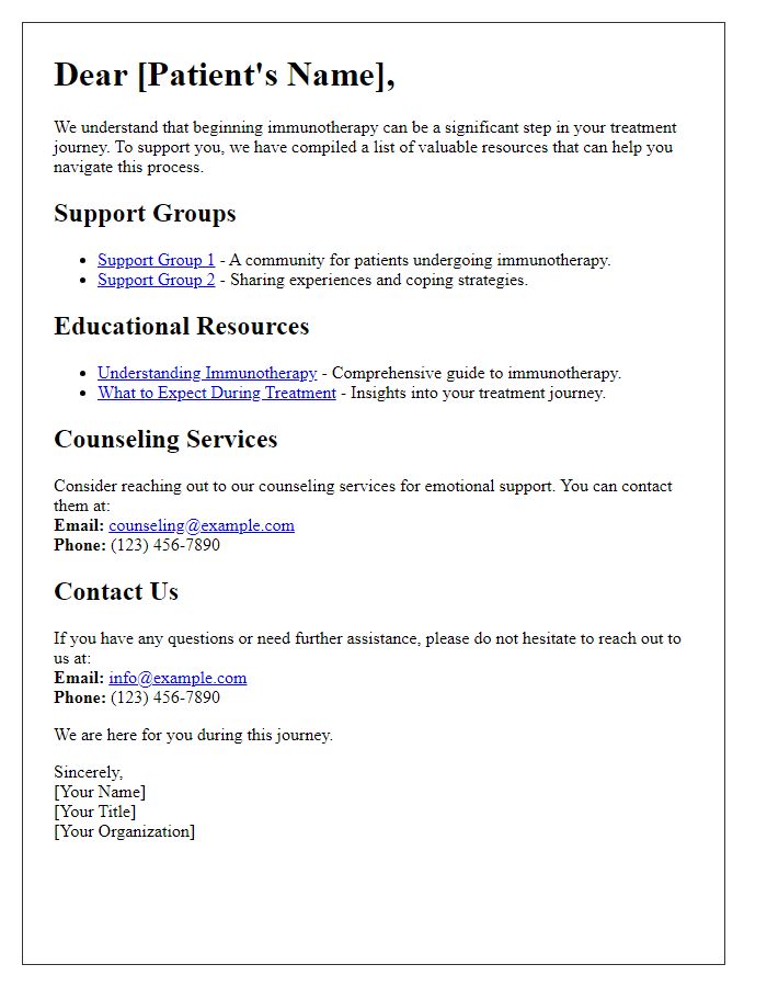 Letter template of immunotherapy patient support resources