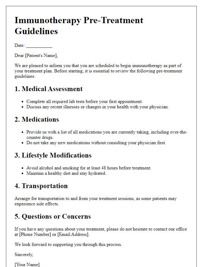 Letter template of immunotherapy pre-treatment guidelines