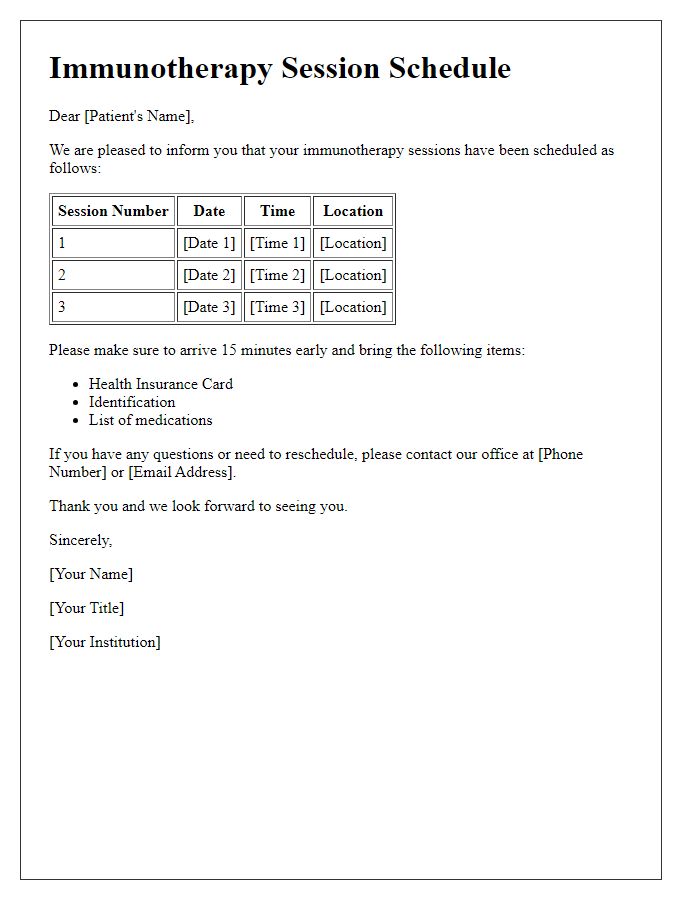 Letter template of immunotherapy session schedule