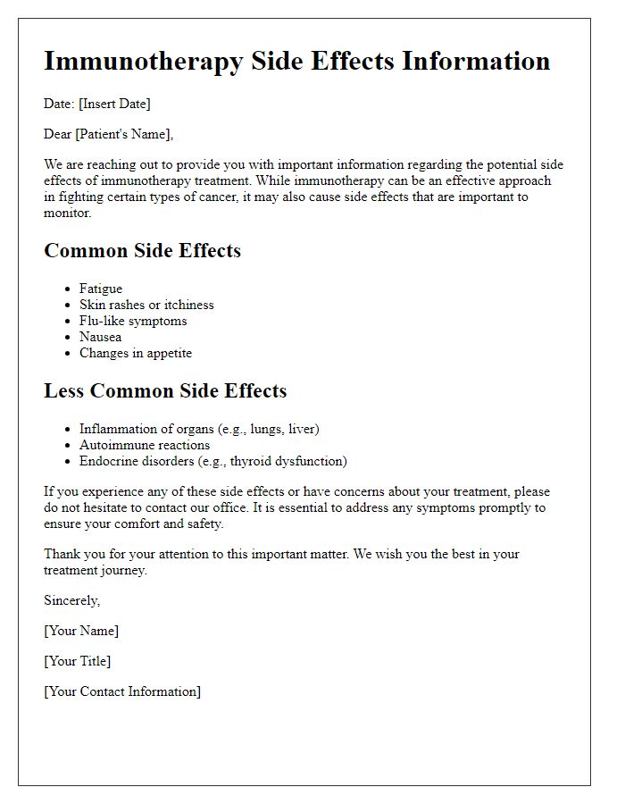 Letter template of immunotherapy side effects information