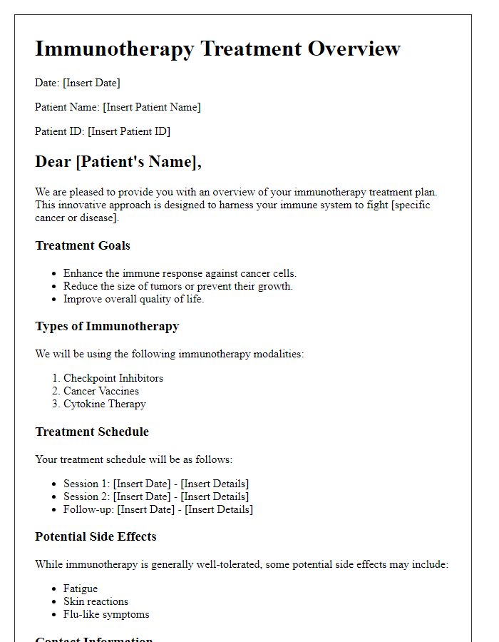 Letter template of immunotherapy treatment overview