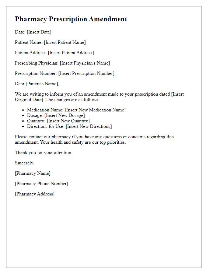 Letter template of pharmacy prescription amendment