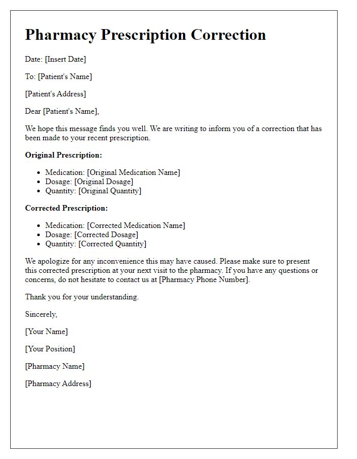 Letter template of pharmacy prescription correction