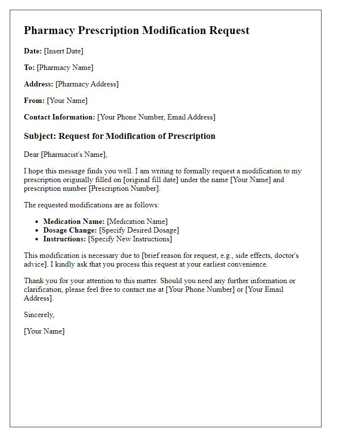 Letter template of pharmacy prescription modification request