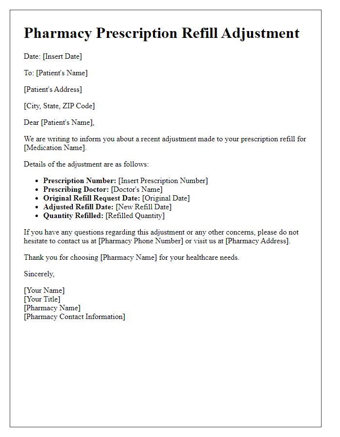 Letter template of pharmacy prescription refill adjustment