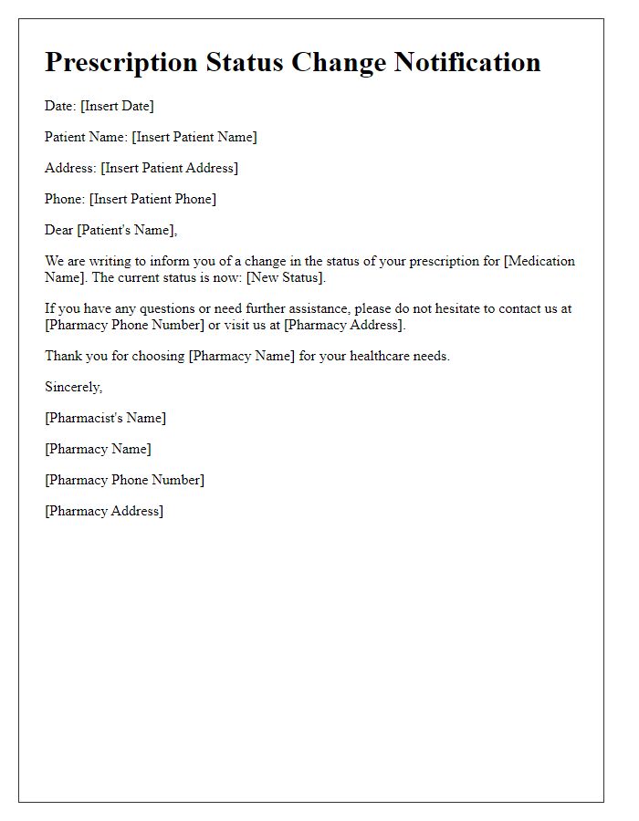 Letter template of pharmacy prescription status change