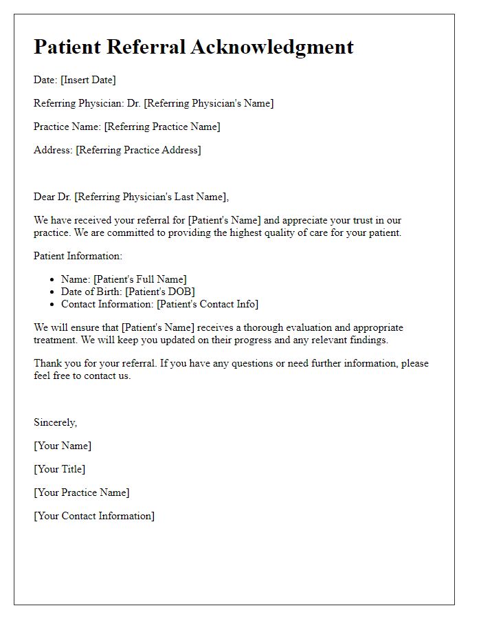 Letter template of acknowledgment for patient referral