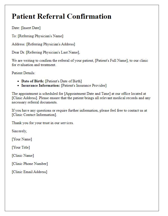 Letter template of confirmation regarding patient referral