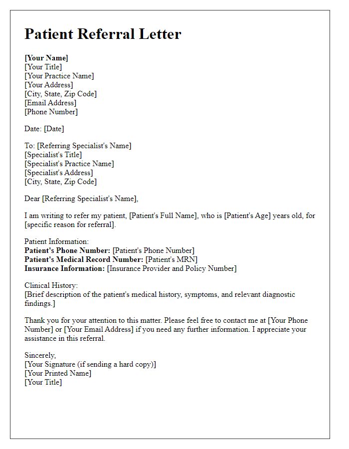 Letter template of correspondence for patient referral