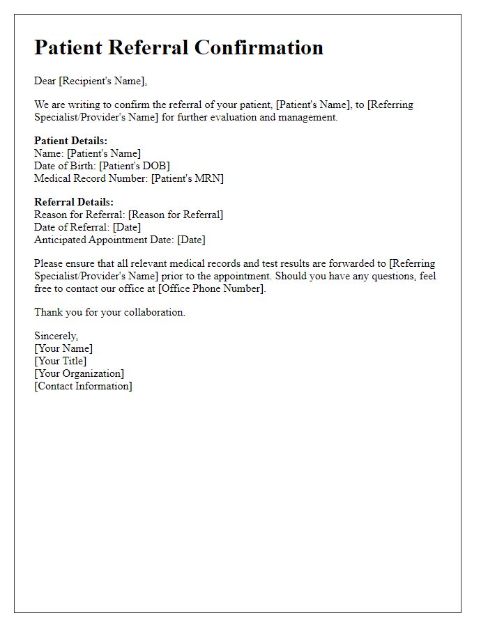 Letter template of patient referral confirmation