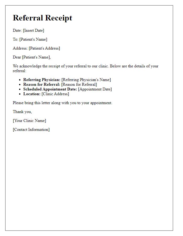 Letter template of referral receipt for patient