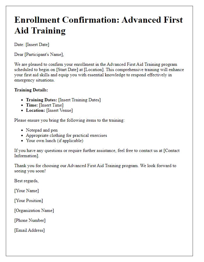 Letter template of advanced first aid training enrollment