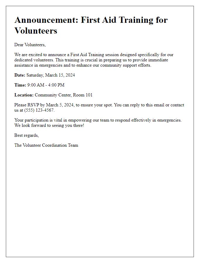 Letter template of first aid training for volunteers announcement