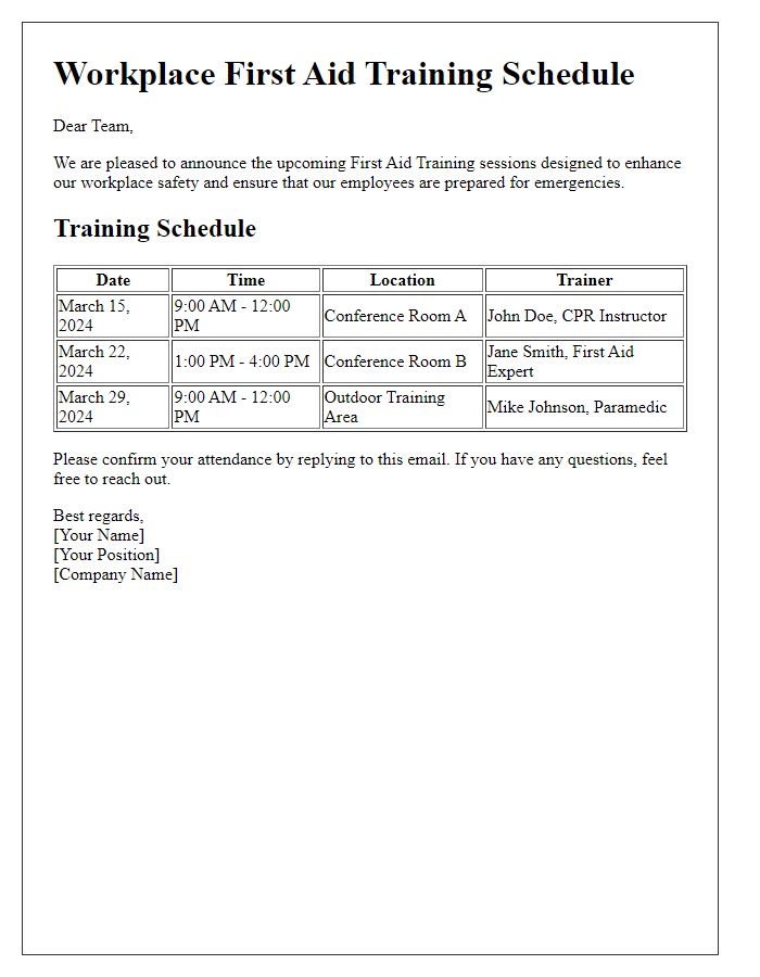 Letter template of workplace first aid training schedule