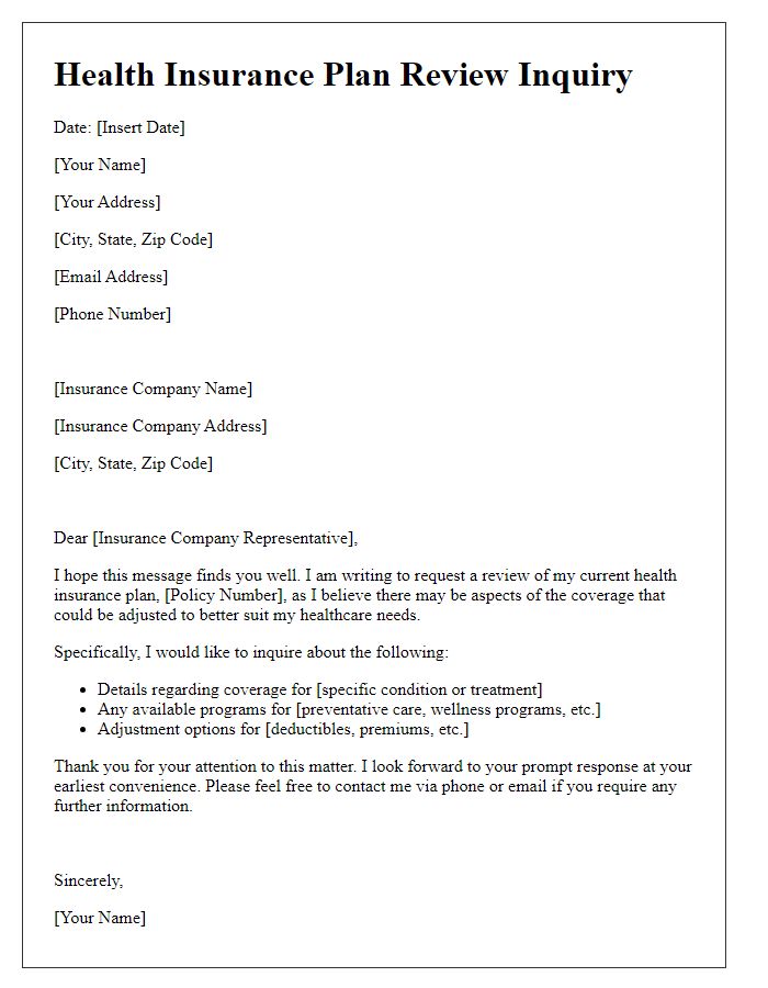 Letter template of health insurance plan review inquiry