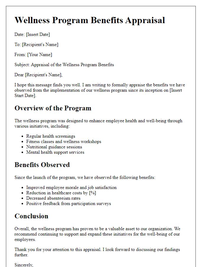 Letter template of wellness program benefits appraisal