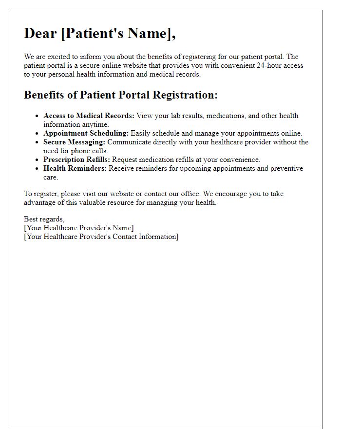 Letter template of patient portal registration benefits