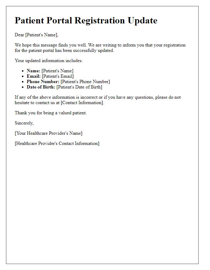 Letter template of patient portal registration update