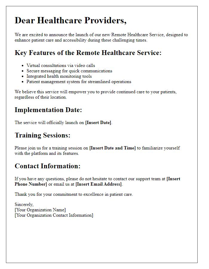 Letter template of remote healthcare service announcement for healthcare providers.