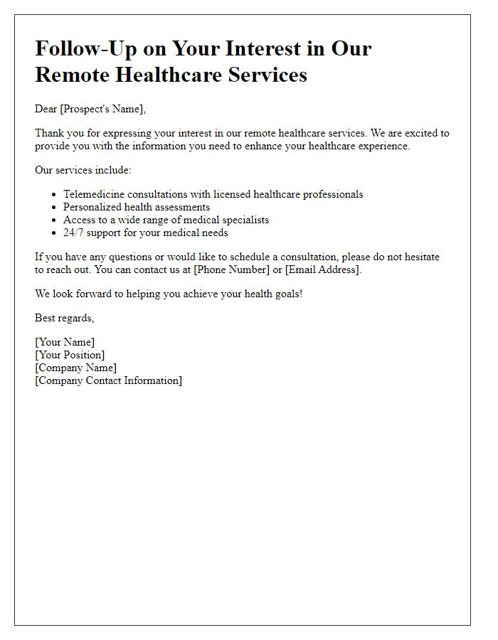 Letter template of remote healthcare service follow-up for interested prospects.