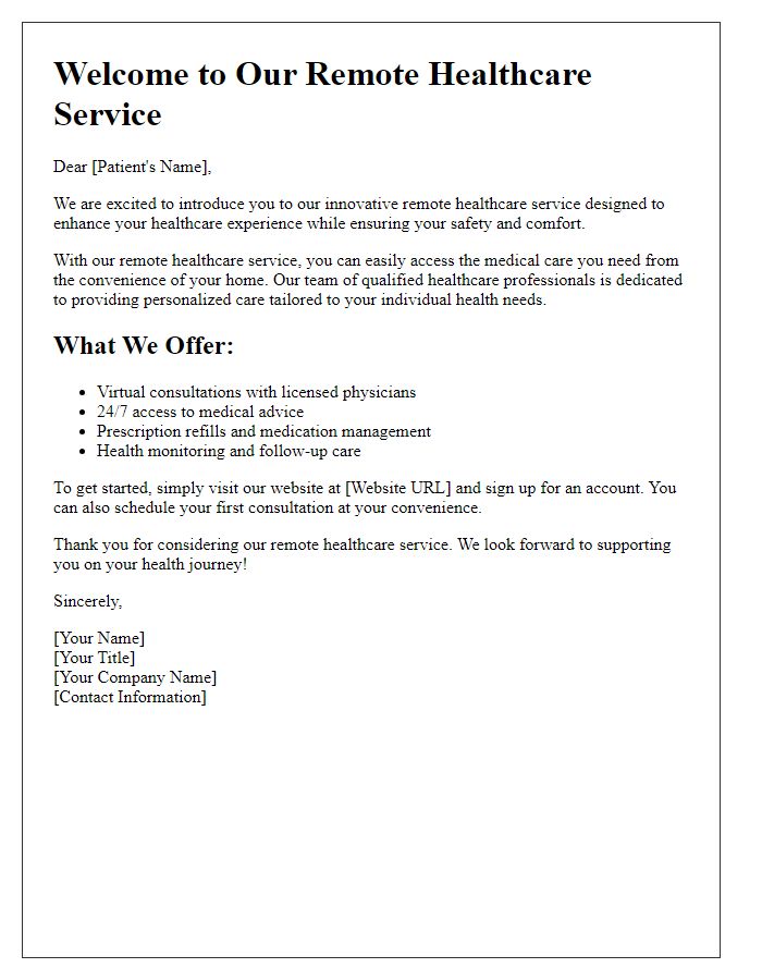 Letter template of remote healthcare service introduction for individual patients.