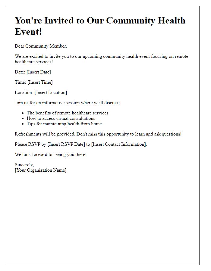 Letter template of remote healthcare service invitation for community events.