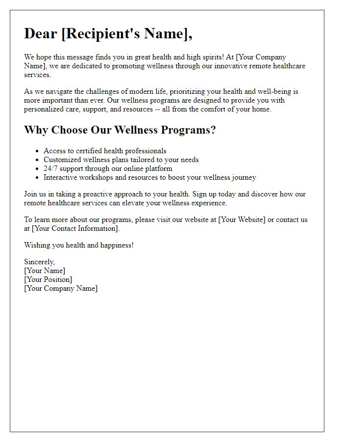 Letter template of remote healthcare service marketing for wellness programs.