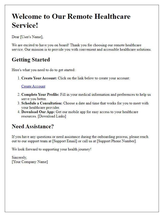 Letter template of remote healthcare service onboarding for new users.