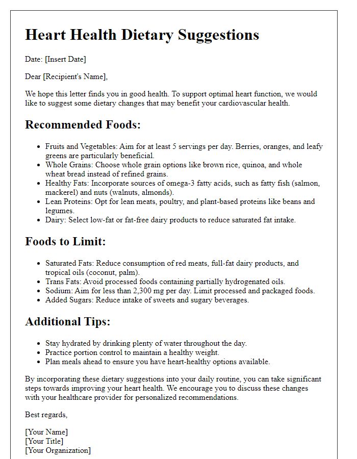 Letter template of dietary suggestions for optimal heart function.