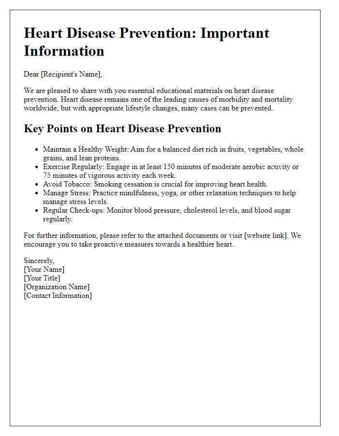 Letter template of educational material on heart disease prevention.