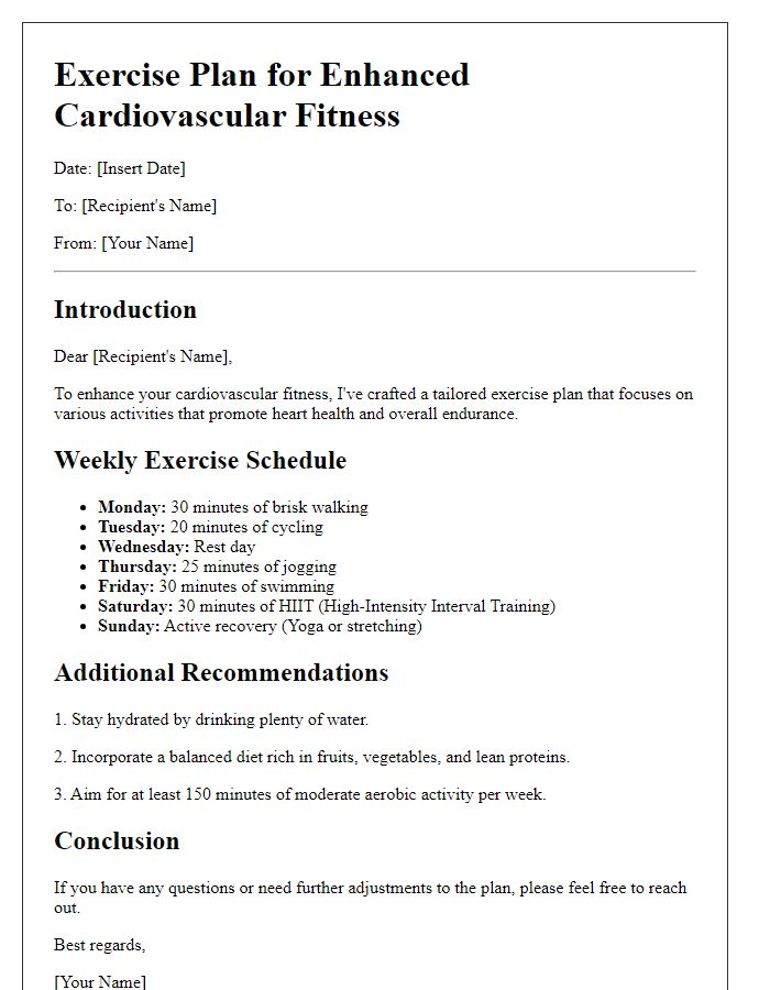 Letter template of exercise plans to enhance cardiovascular fitness.