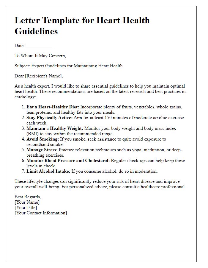 Letter template of expert guidelines for maintaining heart health.