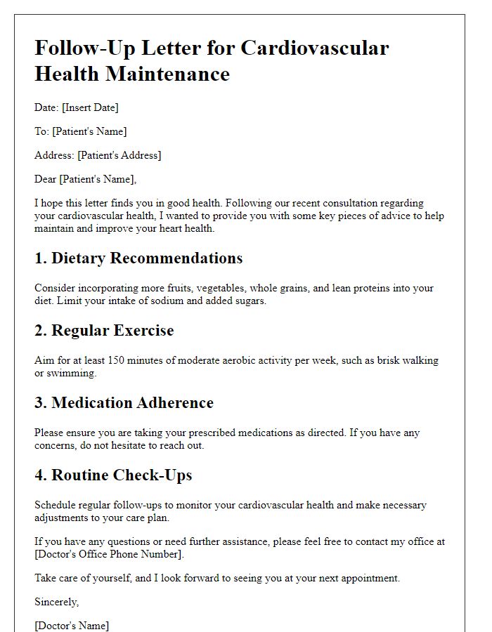 Letter template of follow-up advice for cardiovascular health maintenance.