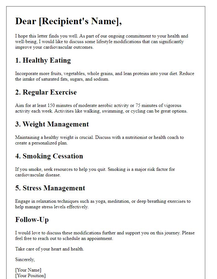 Letter template of lifestyle modifications for better cardiovascular outcomes.