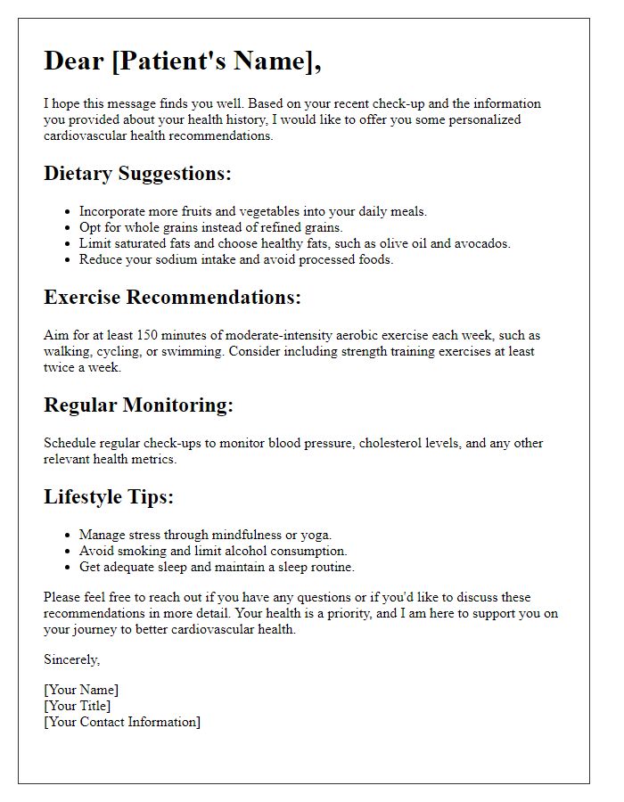 Letter template of personalized cardiovascular health recommendations for patients.