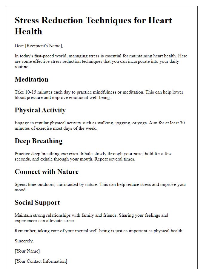 Letter template of stress reduction techniques for heart health.