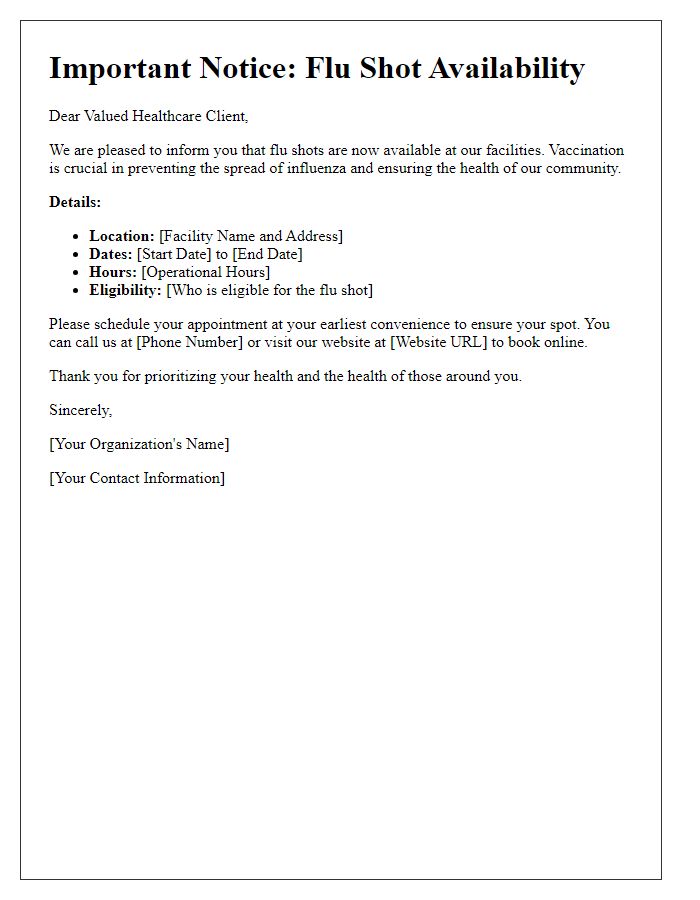 Letter template of flu shot availability for healthcare clients.