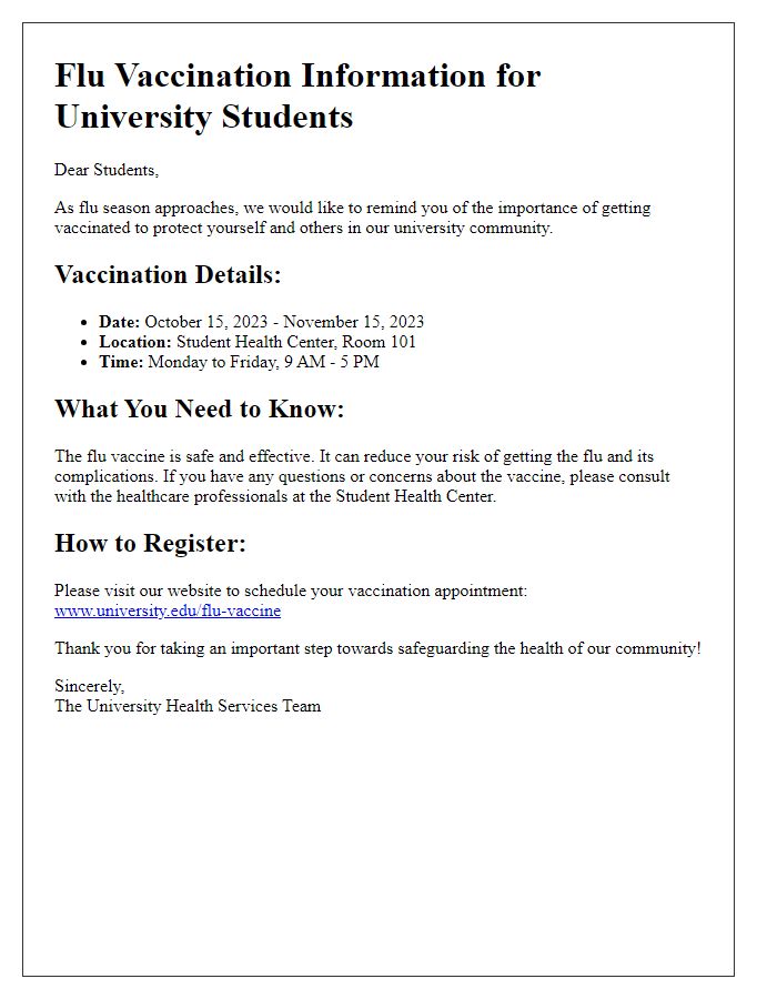 Letter template of flu vaccination information for university students.