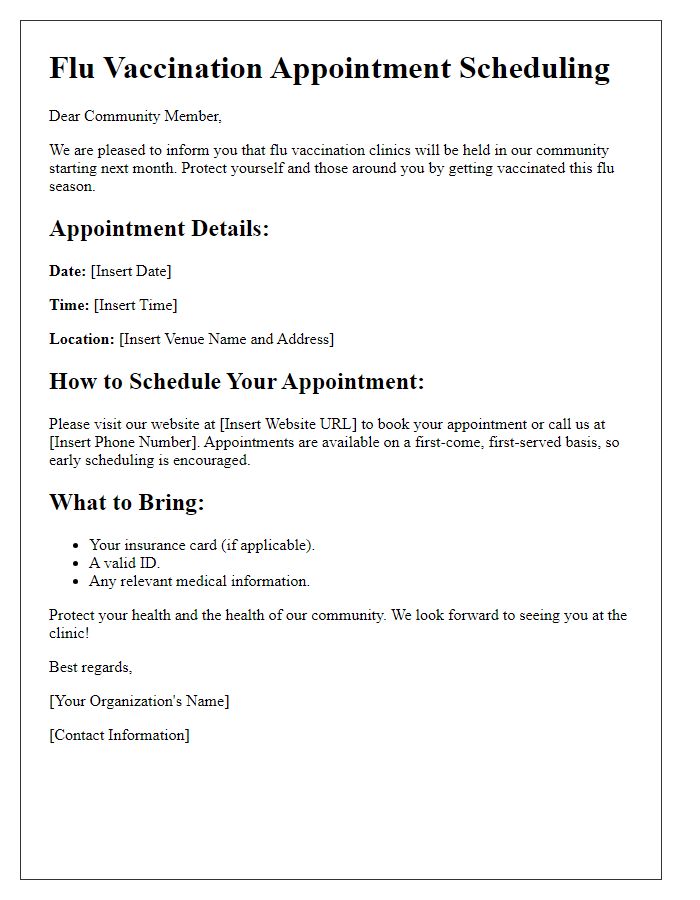 Letter template of flu vaccination scheduling for community members.