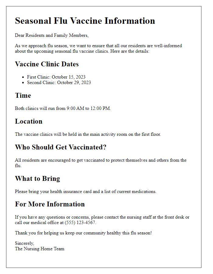 Letter template of seasonal flu vaccine details for nursing home residents.