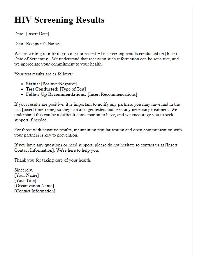 Letter template of HIV screening results addressing partner notifications.