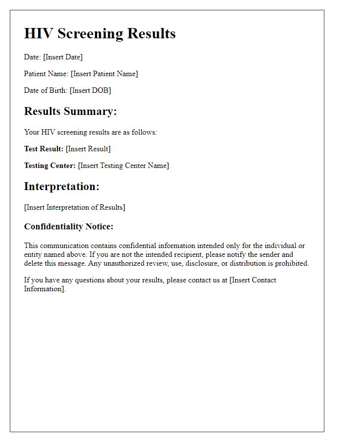 Letter template of HIV screening results with confidentiality notice.