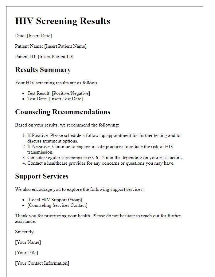 Letter template of HIV screening results with counseling recommendations.