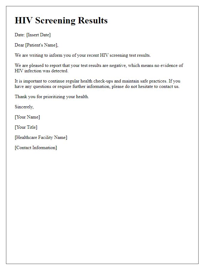 Letter template of HIV screening results for negative diagnosis.