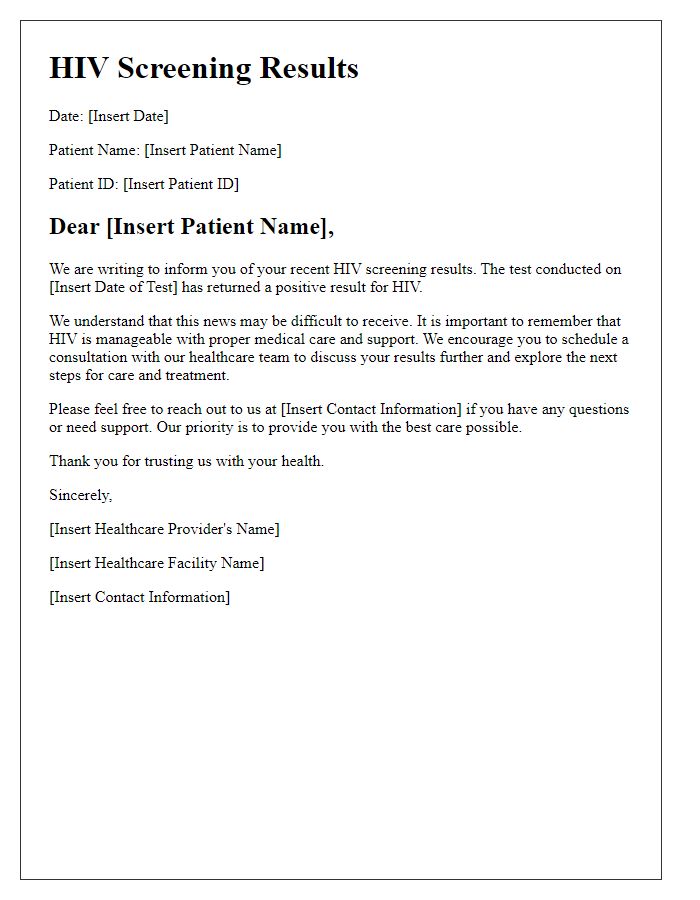 Letter template of HIV screening results for positive diagnosis.