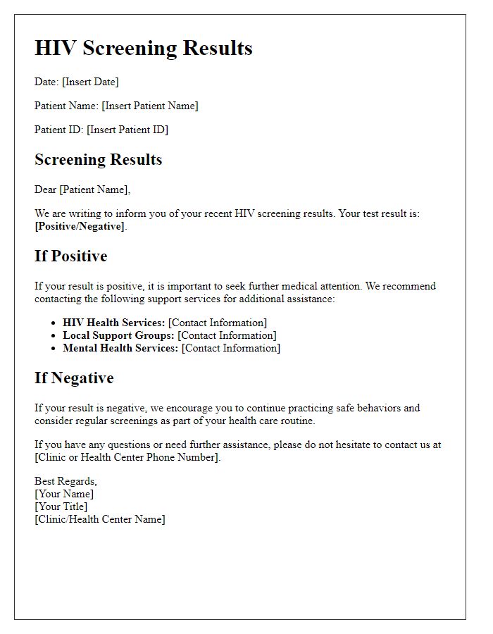 Letter template of HIV screening results with referrals to support services.