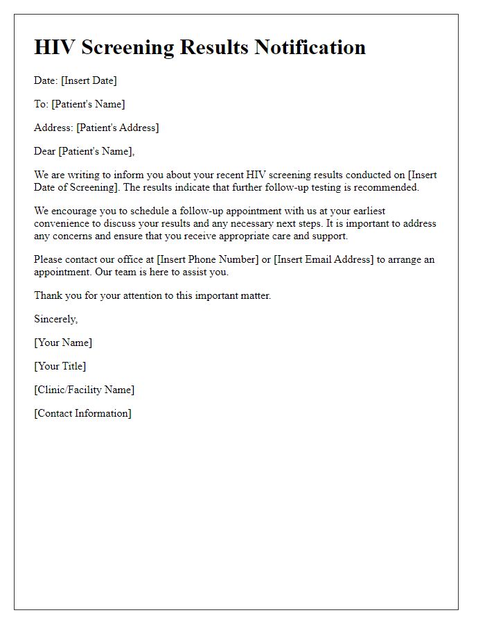 Letter template of HIV screening results requesting follow-up testing.